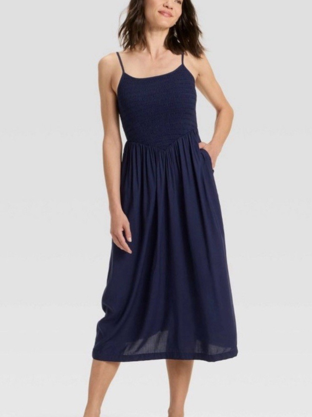 a new day Navy Smocked Bodice Midi Dress